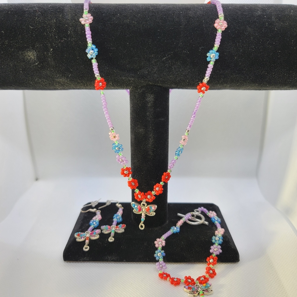 One of a kind Dragonfly Jewelry Set Handcrafted Necklace, Bracelet, Earrings